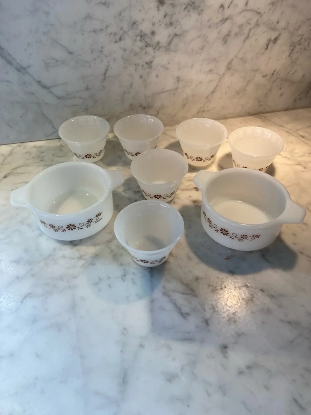 Set of Vintage Dynaware Pyr-O-Rey White Milk Glass Bowls w/Brown Floral Design - Picture 2 of 8